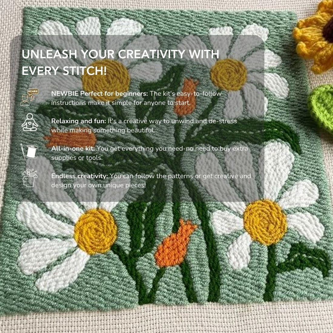 Woolyzen™ Daisies in Spring | Relax, create, and turn threads into stunning art | All-In-One Package